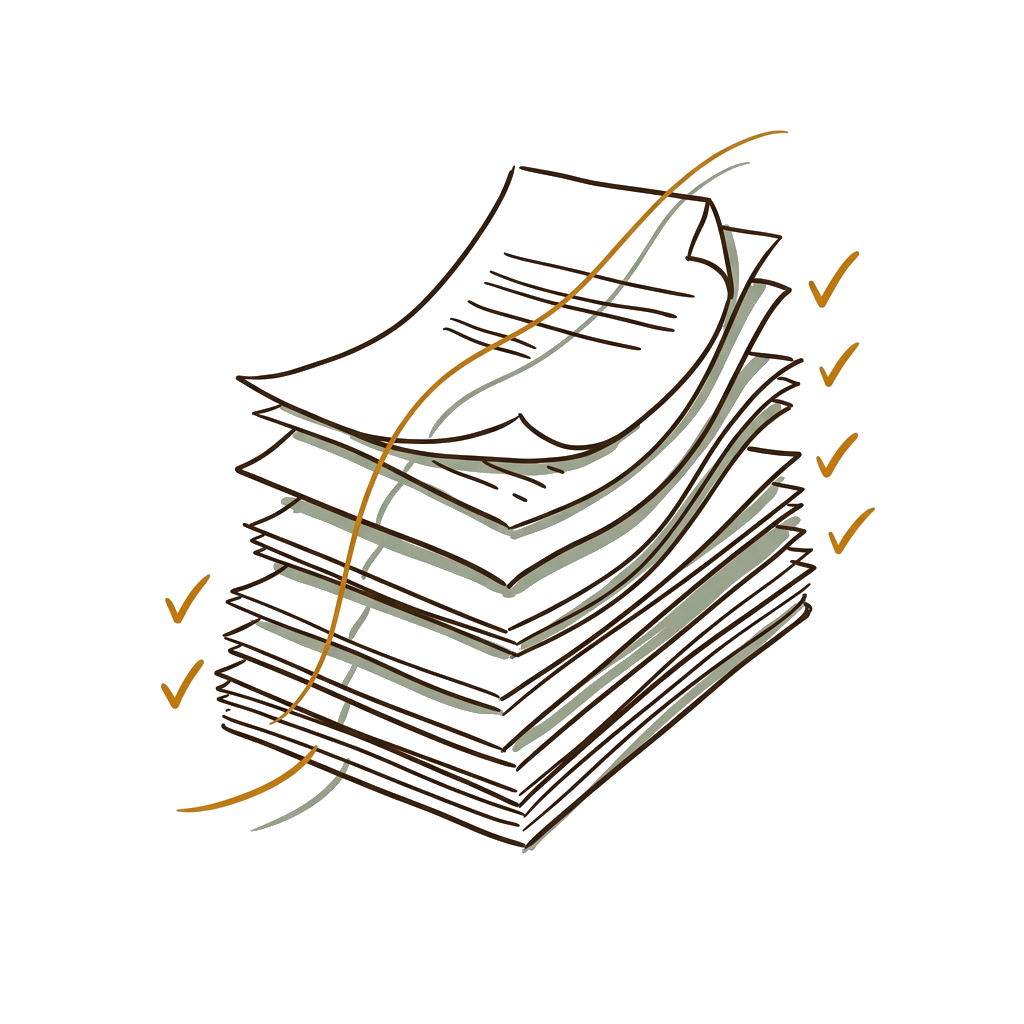 Illustration of compliance documents being assembled from source evidence.